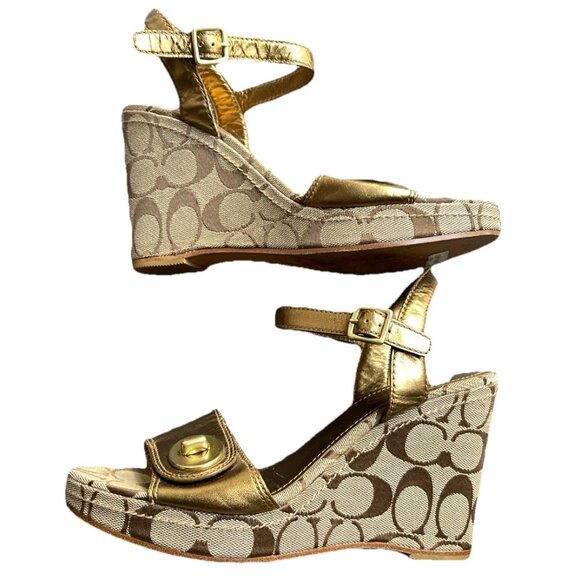Coach Shoes - Coach Women’s Size 7 Wedge Sandals Peep For Patent Leather Navy Blue Khaki Cc